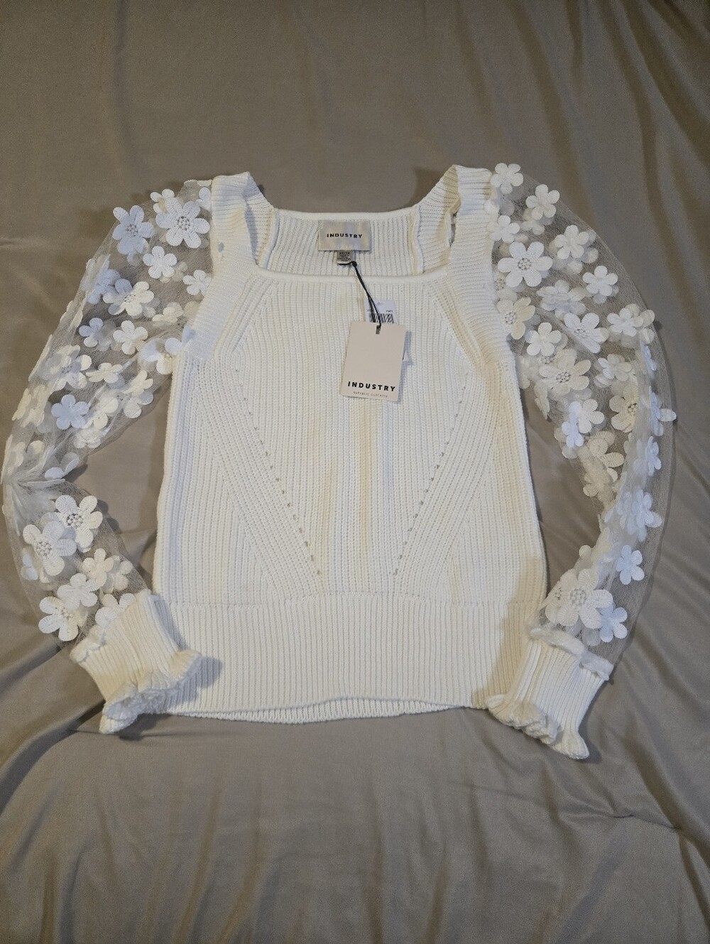 NWT Industry Republic 3D Floral Mesh Sleeve Sweater White XS